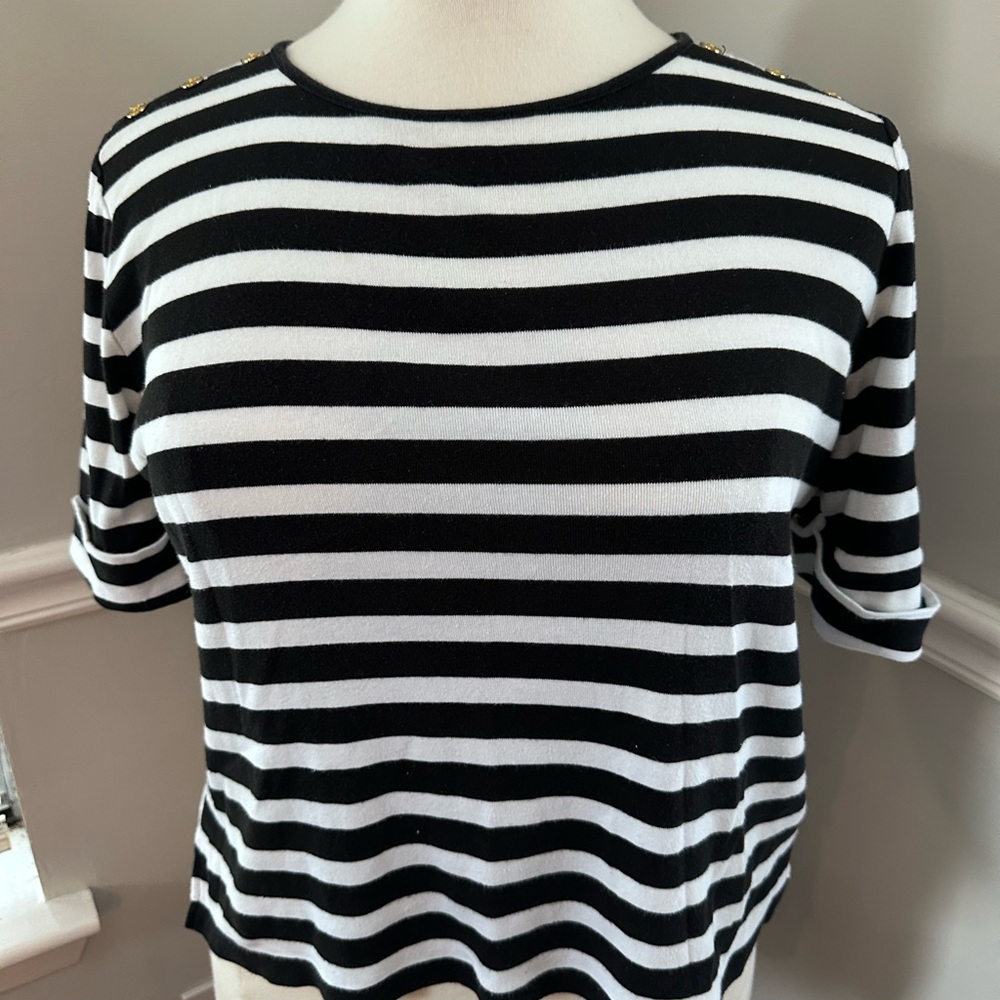 Lauren Ralph Lauren Black and White Boxy Striped Tee with Crew Neck 100% cotton